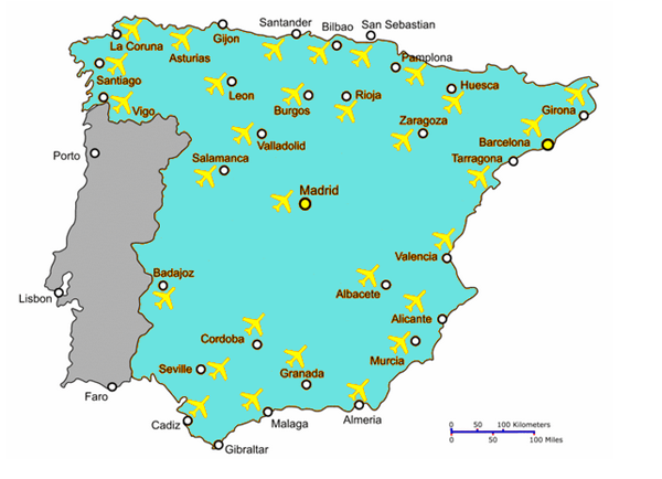 Map of the main Spanish Airports